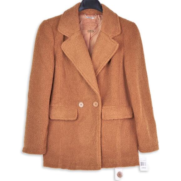 New! JouJou Notch Collar Teddy Boucle Double Breasted Coat Jacket - Picture 3 of 7
